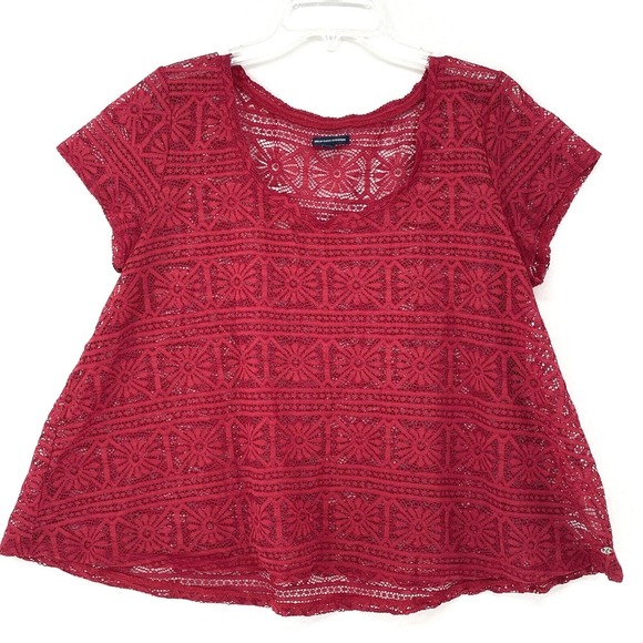 American Eagle Outfitters Red Lace‎ Crochet Short Sleeve Top Blouse Size XL - Picture 1 of 9